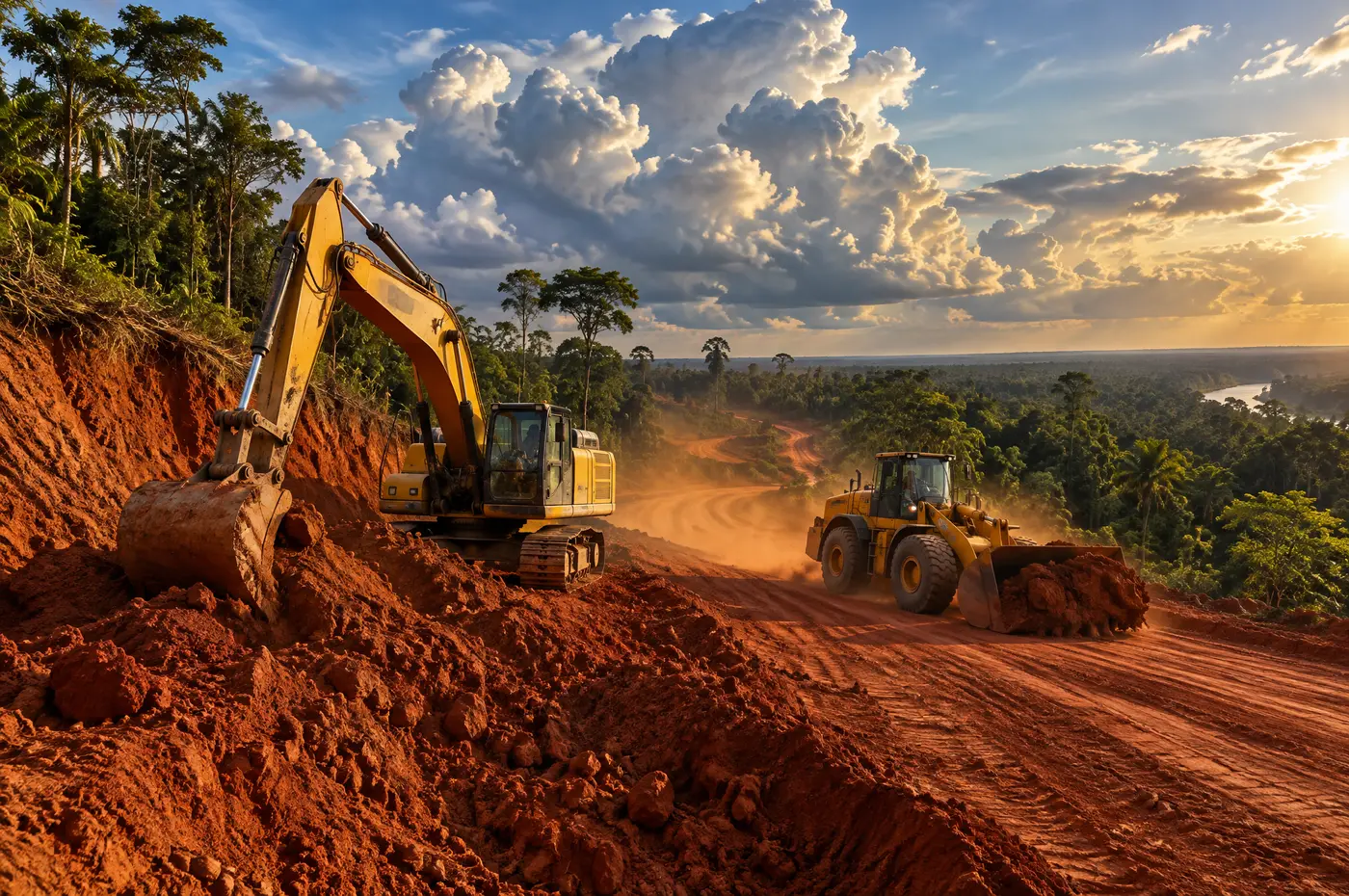 Escavadeira e pá carregadeira abrindo estrada em terra vermelha na Amazônia